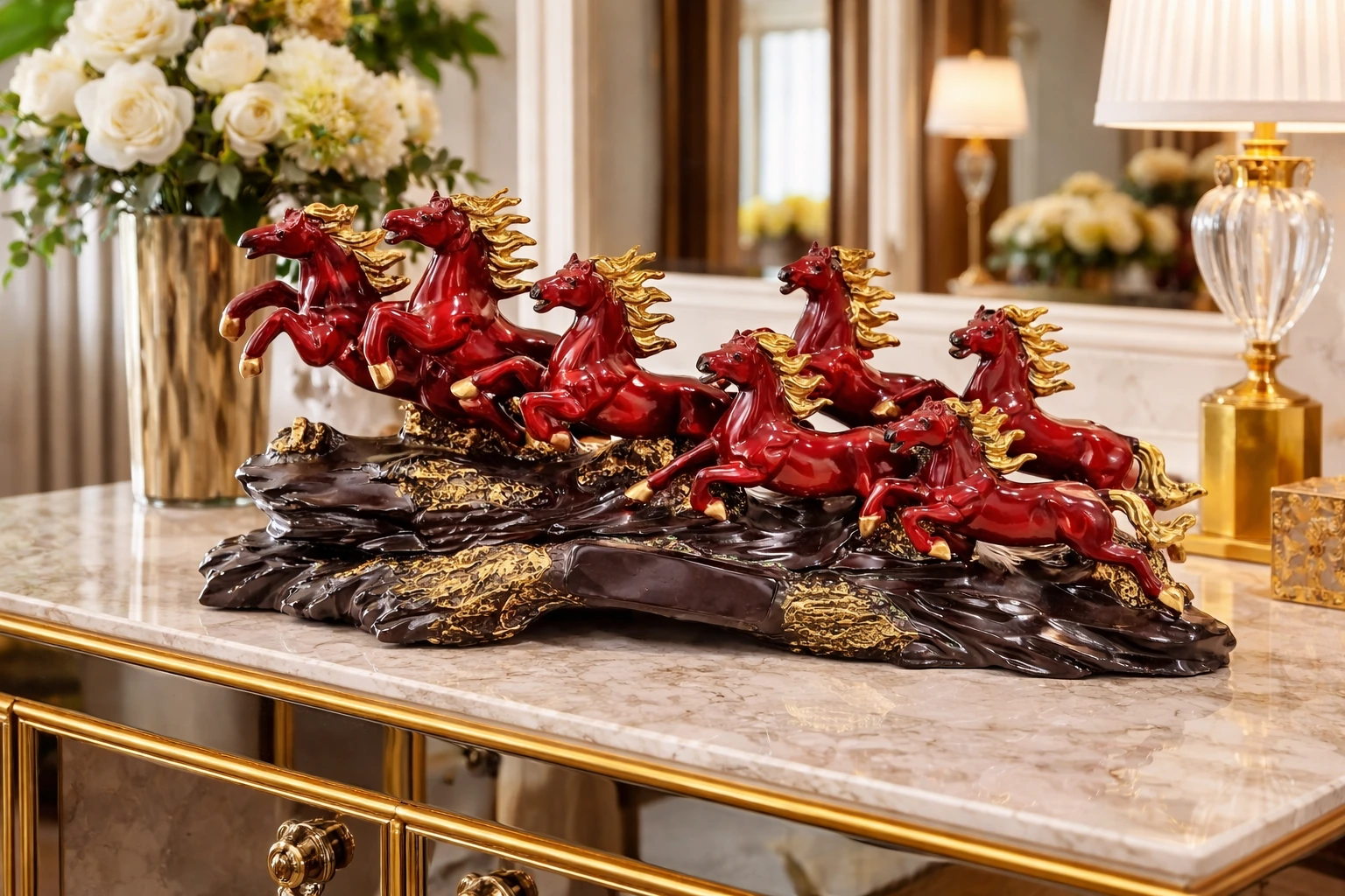 7 Horse Idol for Vastu | Seven Running Horses Showpiece for Home Decor | Decorative Statue for Good Luck & Prosperity | Resin Vaastu Gift for Living Room or Office (Red)